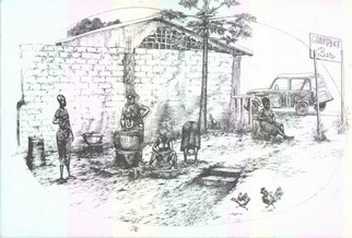 Lithographie Africaine, cuisiniére